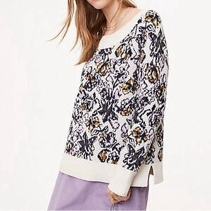 LOFT Floral Patterned Sweater SIZE XS - Cream lilac wool mohair cotton blend